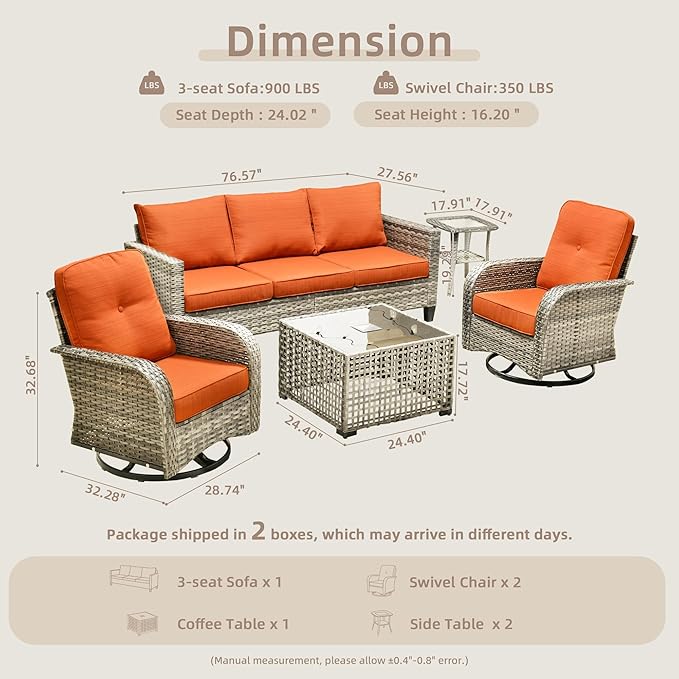 Patio Furniture, All Weather Wicker 6 PCS Outdoor Sofa with High Back Swivel Rocker Chairs, Conversation Set with Solar Light Coffee Table,Light Rattan Red Cushion