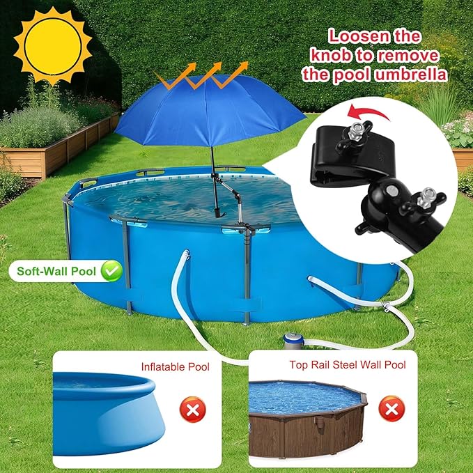 Pool Shade Umbrella, 49.2'' Large Adjustable Above Ground Pool Sunshade Canopy with Clamp 360°Swivel UPF 50+ Portable Weatherproof Patio Umbrella for Swimming Pool Outdoor Garden Beach Chairs
