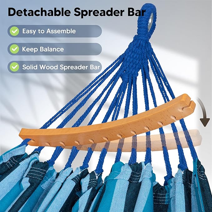 SUNCREAT Hammocks Outdoor Camping Double Hammock with Spreader Bar, Carrying Bag, Fabric Hammock for Backyard, Navy & Blue
