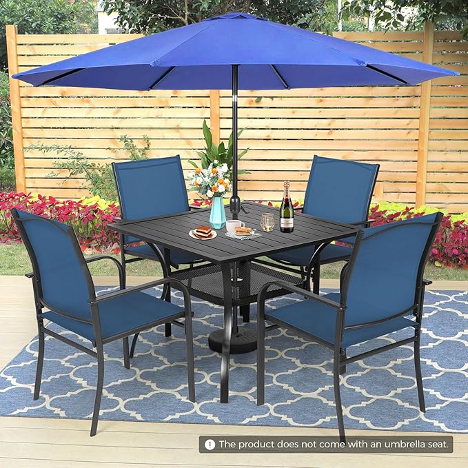 Incbruce 6 Pieces Paito Dining Set with Dark Blue Umbrella, Outdoor Metal Dining Set of 4 Textilene Chairs and Square Table with Umbrella Hole for Garden, Porch and Backyard (Blue)