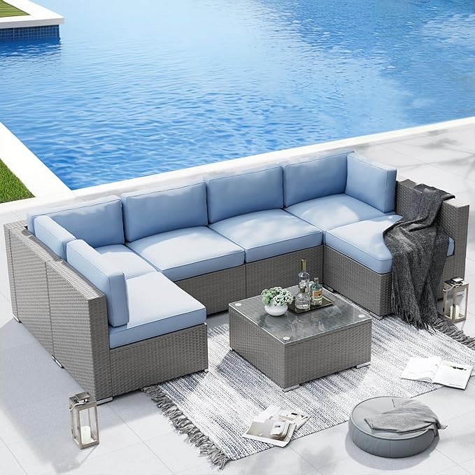 SUNCROWN Outdoor Patio Furniture Set 7 Piece Outdoor Sectional Sofa Grey Wicker Conversation Sofa Set with Coffee Table, Cushions and Waterproof Cover,Light Blue