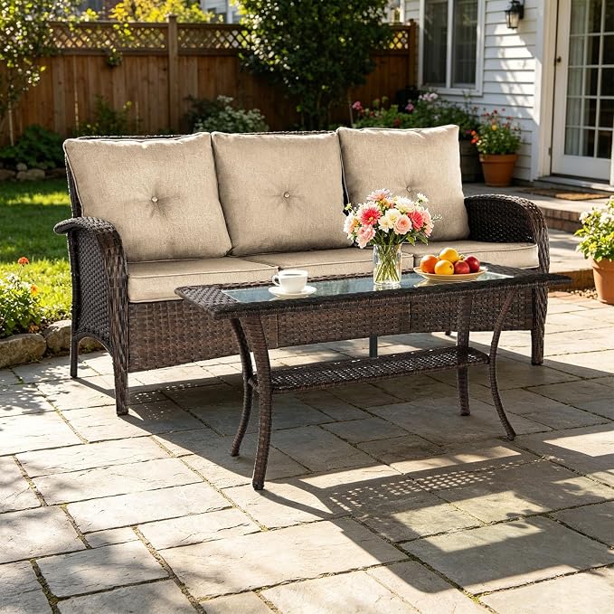 SHGJ&SOFT All Weather Patio Furniture Set, High Back Swivel Rocker Glider Chairs，Ottomans & Glass Tables, Outdoor Conversation Set for Deck Porch Yard Poolside (Brown, 2PCS-Sofa&Table)