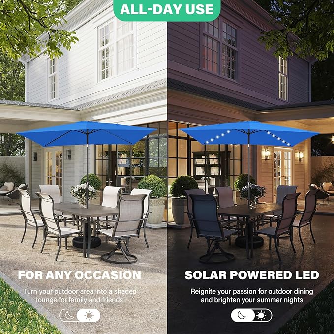 JEAREY 6.5x10 ft Rectangular LED Lighted Patio Umbrellas Outdoor Solar Table Market Umbrella w/Push Button Tilt/Crank, 6 Sturdy Ribs, UV Protection Waterproof Sunproof(Royal Blue)