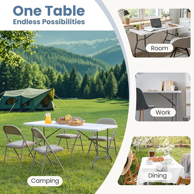 DUMOS 6 FT Folding Picnic Table Simple to Fold and Keep, 3.8 FT Foldable Table for Camping Dining Party Kitchen Picnic Outdoor Indoor with Carrying Handle
