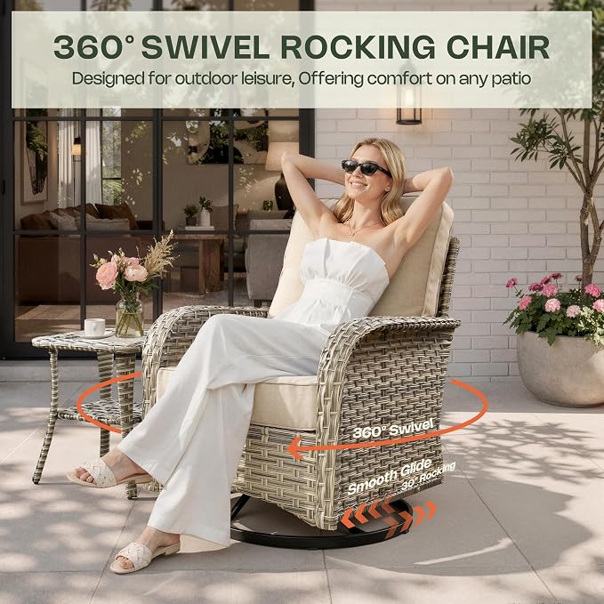 8 Pieces Patio Furniture Set, Outdoor Conversation Set with 360° Swivel Rocker Chairs, Wicker Sectional Sofa & Solar Powered Lighted Table, High Back Outdoor Furniture for Backyard Porch, Beige