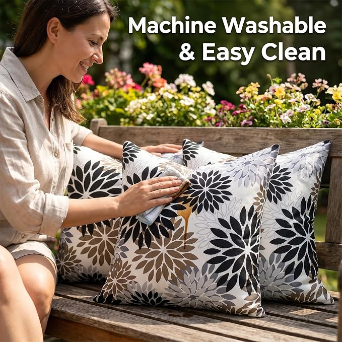 Pack of 2 Dahlia Outdoor Waterproof Throw Throw Pillow Cases 20×20 Black and Brown Throw Pillow Cases Spring Summer Decorative Cushion Covers for Couch Bench Furniture Patio Garden