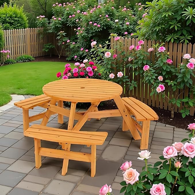 JOYBASE 6-Person Wooden Picnic Table, Outdoor Round Table with Built-in Benches and Umbrella Hole, Picnic Table Bench Set for Patio, Backyard, Garden (Wood Color)