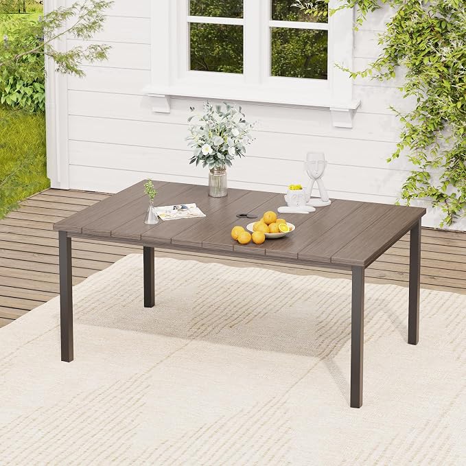VICLLAX Patio Dining Set, 63" Grey Table & 6 Chairs with Grey Cushion | Outdoor Table and Chairs Set of Rectangular Metal Patio Table, Outdoor Dining Chairs with Metal Frame, Garden Deck Porch