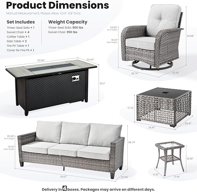 ovios 9 Pieces Patio Furniture Set, Outdoor Wicker Sofa Couch with Rocking Swivel Chairs Fire Pit Table, Modern Deep Seat Rattan Conversation Sets for Deck Porch, Grey