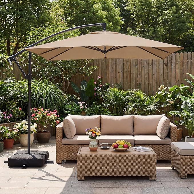 Tangkula 8x8 FT Patio Umbrella with Base Included, Square Offset Cantilever Outdoor Umbrella with 360 Degree Rotation, Crank Handle, Sandbags, 8 Ribs for Pool Deck Garden Backyard