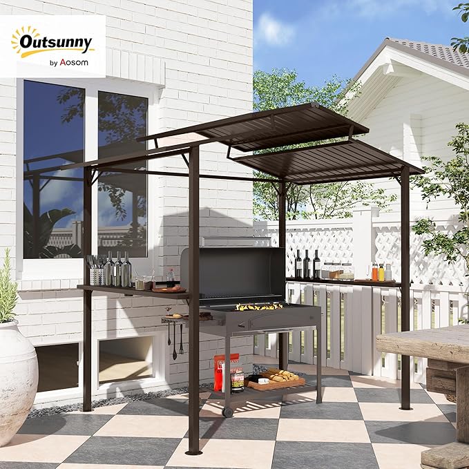 Outsunny 8' x 5' Hardtop Grill Gazebo with Double Metal Roof, 2 Side Shelves and 4 Cup Holders, Outdoor BBQ Gazebo, Grill Canopy for Patio Backyard Lawn Deck