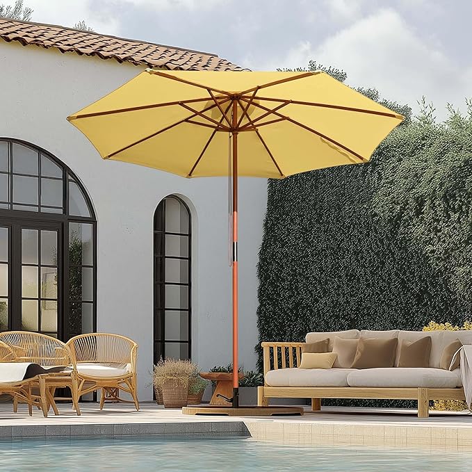 9 Ft Wooden Patio Umbrella 8 Ribs Table Parasol Rope Pulley Outdoor Garden Yard