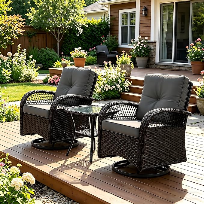 Outdoor Swivel Rocker Patio Chairs with Cushions，Outdoor Swivel Rocking Chairs Set of 2 with Rattan Side Table，360 Degree Swivel Seat Patio Furniture Set for Outside Porch Deck，3 Pieces