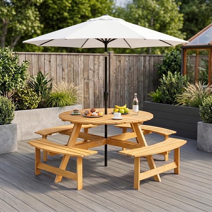 8 Person Outdoor Dining Table, Round Picnic Table with 4 Built-in Benches and Umbrella Hole, Outside Garden Backyard Table and Bench Set, 500lbs Capacity Per Bench (Natural)