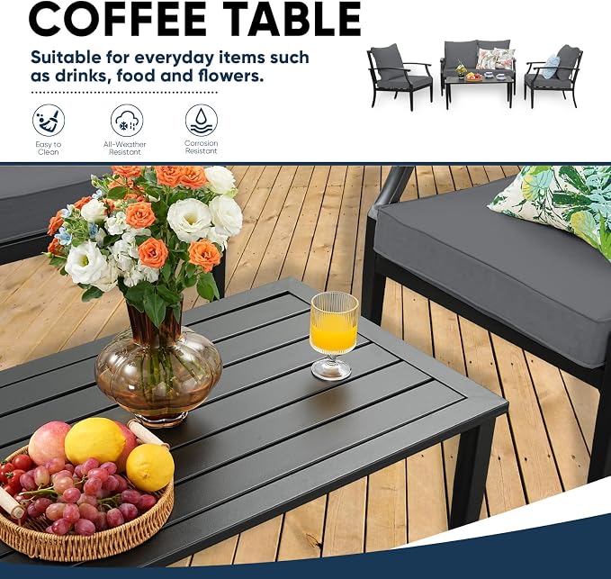 4-Piece Patio Conversation Set,Oversized Outdoor Metal Furniture Set with Table and Loveseat,Removable and Washable Deep Seating Cushions,High Backrest for Porch Poolside Deck,Grey
