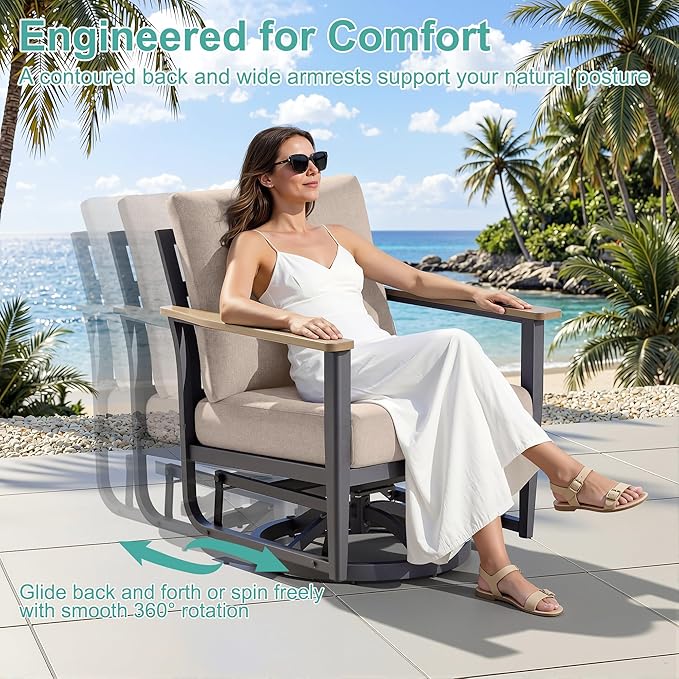6-Piece Aluminum Patio Rocking Swivel Chair Outdoor Bistro Set, Patio Conversation Set Outdoor Patio Furniture Set with High Backrest & Thickened Cushions for Garden, Deck and Balcony, Sand
