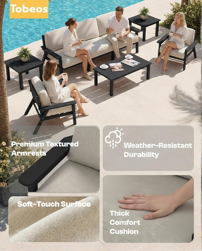 HDPE 5 Piece Patio Furniture Set, Outdoor Couch with Washable Thick Beige Cushions & Coffee Table, Outdoor Sectional Furniture for Backyard, Deck, Lawn, Porch (Black Frame)