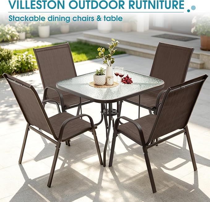 5 Piece Patio Dining Set with Wider 24.4" Stackable Chairs, Outdoor Dining Set for 4 with 36"*36" Table, Brown Metal Frame and Brown Textilene