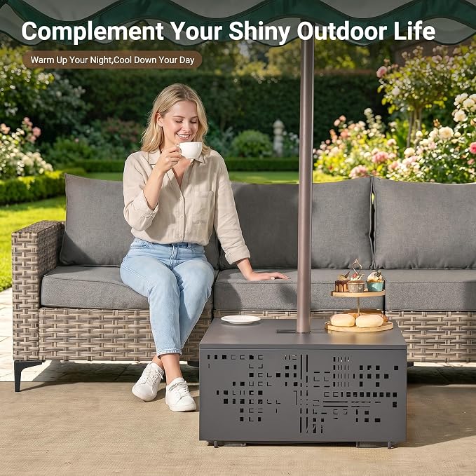 HOOOWOOO Outdoor Patio Solar Table with Umbrella Hole,Metal Coffee Side End Table,Umbrella Table with 2" Hole for Yard,Deck,Porch,Garden(Square Charcoal Gray)