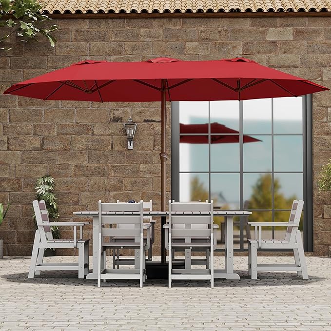 BRIOPAWS 15-FT-Large-Patio-Umbrella-with-Base | Double-Sided | Outdoor Table Umbrellas | w/Crank Handle | 12 Sturdy Fiberglass Rib | UV-Protection | for Garden Deck Backyard Pool | Red