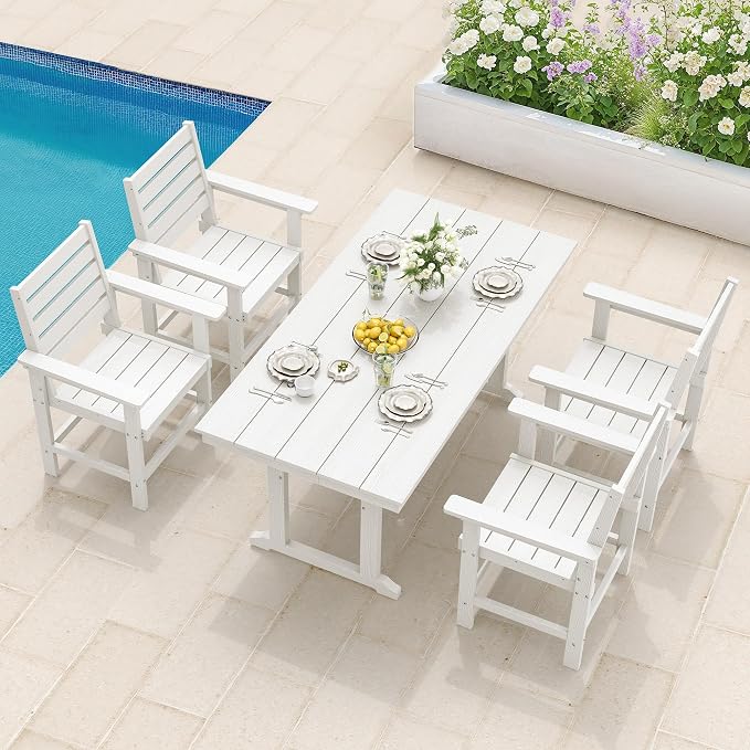 5 Piece Outdoor Dining Set, HDPS Patio Table and Chairs Set, 66" Patio Table with 1.96" Umbrella Hole & 4 Chairs, All Weather Furniture for Garden, Backyard, Poolside (White)