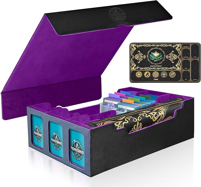 PROMAXIBINDER MTG Trading Card Storage Box with Playmat Fits 3000+ Cards, B-Row Commander Deck Case, 3 Display Windows, 6 Movable Partitions, 24 Dividers, for Magic/TCG/YuGiOh/Sport (Black&Purple)