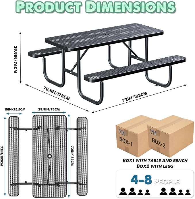 6FT Rectangular Outdoor Picnic Table and 2 Benches Set with Umbrella Hole, Metal Expanded Commercial Steel Heavy Duty Sturdy Picnic Tables Furniture Set for Yard Patio Lawn Party Coffee, Black
