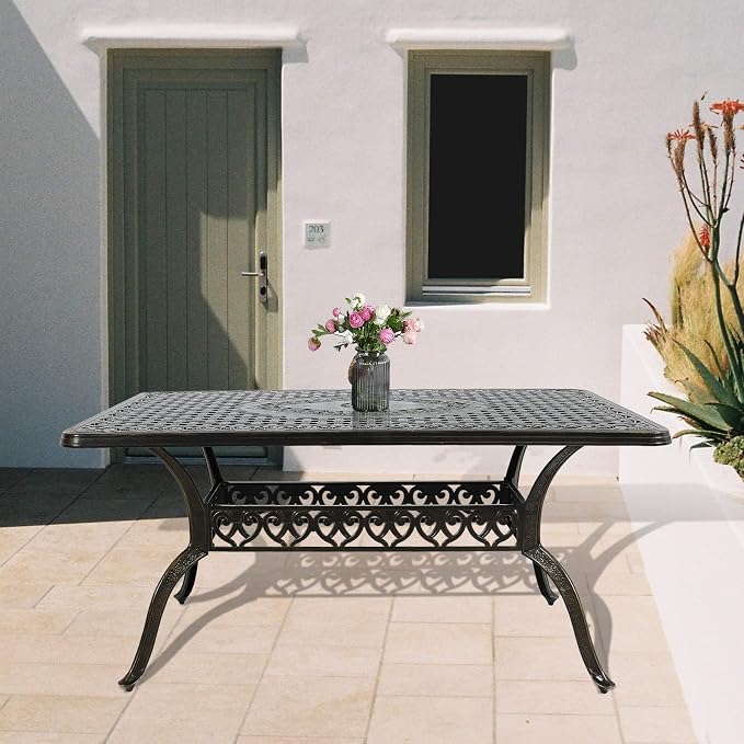 Outdoor Cast Aluminum Patio Table, 60” Rectangular Bistro Table with 2’’ Umbrella Hole for Patio Furniture Garden Deck Backyard