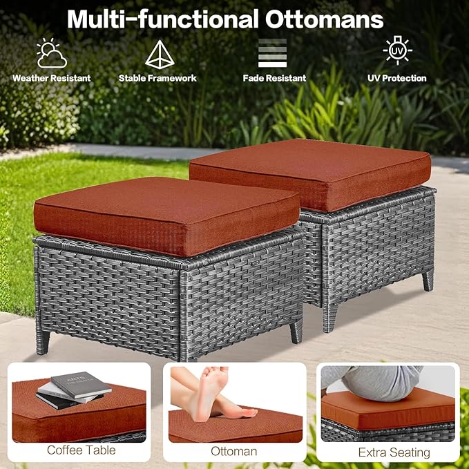 5 Pieces Outdoor Patio Furniture Conversation Set PE Rattan Wicker with a 3-Seater Sofa, 2 Armchairs, 2 Outdoor Ottomans for Yard Garden Backyard Porch Poolside GNR (Grey/Orange)