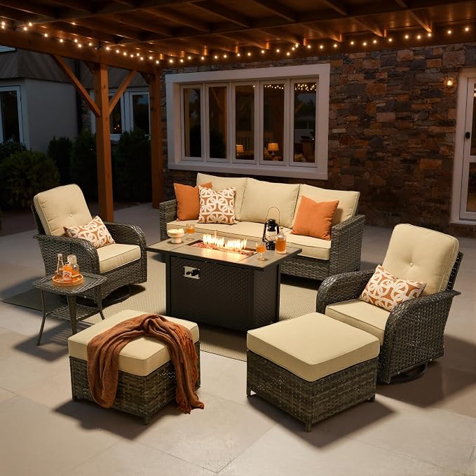 7 Piece Patio Furniture Set with Firepit Swivel Chair, Beige | High Back Swivel Rocker Chairs, Deep Seat Sofa Ottoman, Fire Pit Table, Outdoor Conversation Sets for Porch Deck Backyard