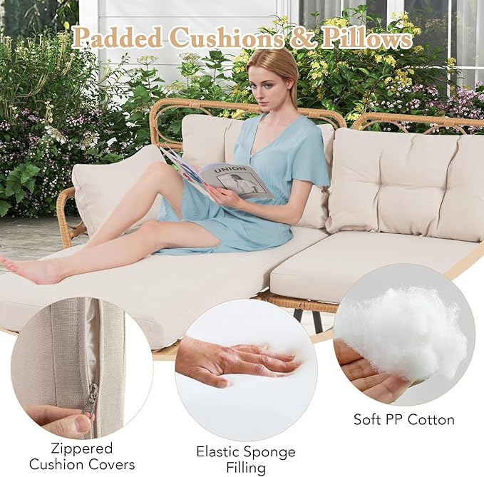 Tangkula 3 Pieces Corner Patio Furniture Set, PE Rattan L-Shaped Cushioned Sofa Set with Small Coffee Table, Outdoor Conversation Set for Garden, Backyard, Lawn, Porch (Off White)