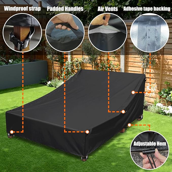 Outdoor Double Chaise Lounge Chair Cover Waterproof Weather-Resistant Polyester Outdoor Furniture Protection Cover 90D x 66W x 36H for Extra Large Patio Double Chaise Loungers & Sunbed Daybed, Black