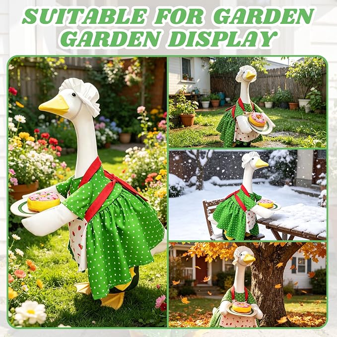 Chef Goose Outfit Green Polka Dot with Detachable Donut – Gift for Grandma, Mother – Spring Summer Garden Decoration for Cement Yard Goose