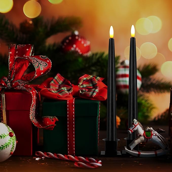CVHOMEDECO. Flameless Taper Candles with 10-Key Remote, Battery Operated Led Flickering 3D Wick Window Candles Real Wax Finished Home Christmas Party Decor 0.78 x 11 Inch, Pack of 2, Black