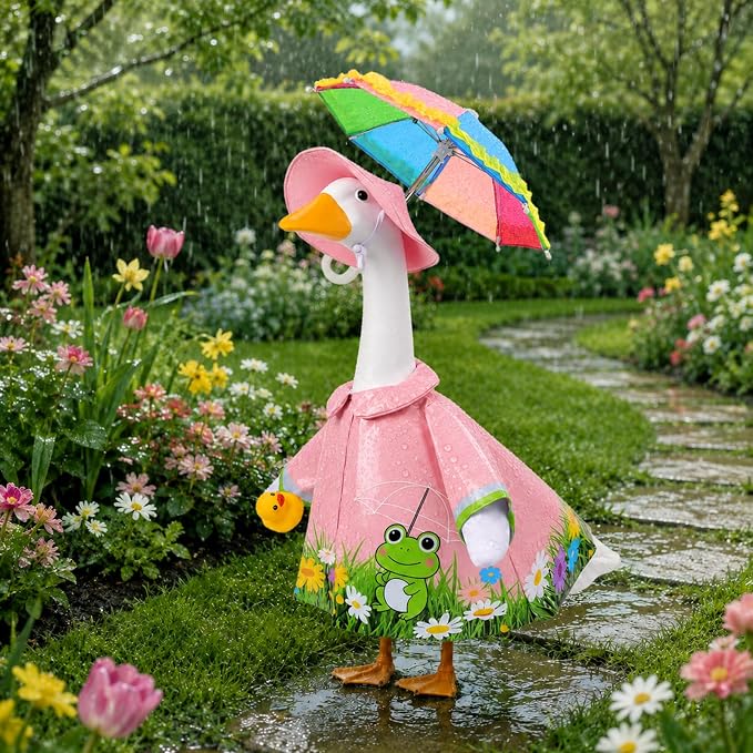 GJL Porch Goose Raincoat Outfit Fits 23 Inch Plastic Cement Goose Statue, Lawn Goose Clothes Set with Umbrella and Hat for Spring Summer Outdoor Yard Garden Decor (Pink-01)