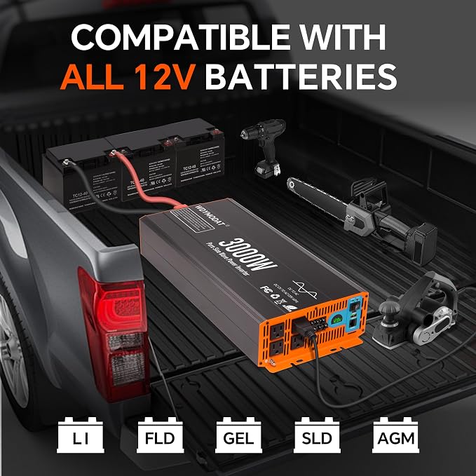 3000W Pure Sine Wave Inverter,12V DC to 120V AC Car Power Inverter 6000W Peak with 4 AC Outlets, 3.0A USB and Type-C, LCD Display 16.5 ft Remote Control for RV Truck Travel Solar Emergency