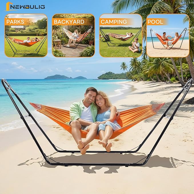 NEWBULIG Double Hammock Stand Only, 450 Pound Capacity, Fits 9 to 14 Feet Hammocks, Heavy Duty Hammock Stand for Outside for Garden Backyard Patio Pool Beach with Carrying Case