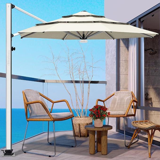 EliteShade USA APOLLO 3-Tier 11FT Full Aluminum Cantilever Patio Umbrella for Outdoor restaurant Garden Courtyard Deck Pool and Marketing with Light,Natural