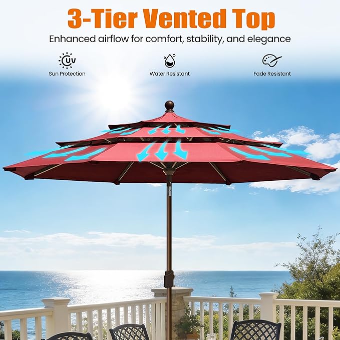 EliteShade USA 10-Year-Non-Fading 10ft 3-Tier Market Patio Umbrella, Commercial Grade Outdoor Table Umbrella with Crank Open, Windproof & UPF 50+ UV Protection, Heavy Duty Ventilation for Garden, Deck, Pool, Backyard, Beach & Bistro, Burgundy