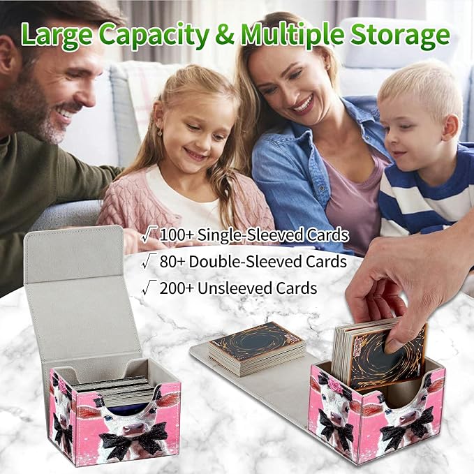 Card Deck Box for MTG, Cards Storage Box Fits 120+ Sleeved, Leather Small Size Strong Magnetic Closing Card Case for Board Games Magic TCG CCG Baseball Collection, Pink Flower White Cow