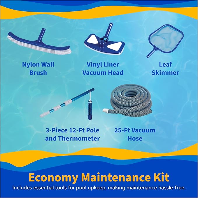 Blue Wave Marbella 18-ft Round 52-in Deep Above Ground Swimming Pool – with Steel Wall & Top Rails, Sand Filter, Overlap Liner, A-Frame Ladder & Maintenance Kit – Complete Outdoor Pool Accessories