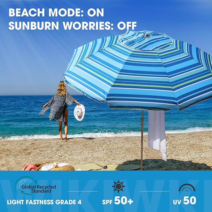 wikiwiki 7ft Beach Umbrella with Sand Anchor & Tilt, UPF 50+ Protection Beach Umbrellas for Sand, with Carry Bag and Hook, for Patio Garden Pool, Light Blue Stripes