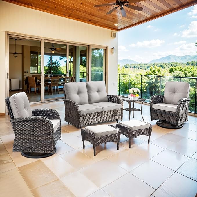Belord Outdoor Glider Bench Patio Loveseat - 500 Lbs Weight Capacity 2 Seater Wicker Sofa, Small Porch Glider Furniture All Weather Rattan Couch with Removble Cushion for Balcony Deck Backyard, Brown