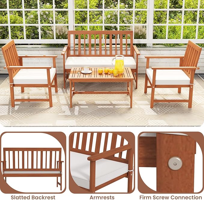 Tangkula 4-Piece Acacia Wood Patio Conversation Set, Outdoor Furniture Set with 2 Armchairs, Loveseat, Coffee Table, Soft Cushions, Slatted Sofa and Chairs Set for Deck, Backyard (Off White,1)