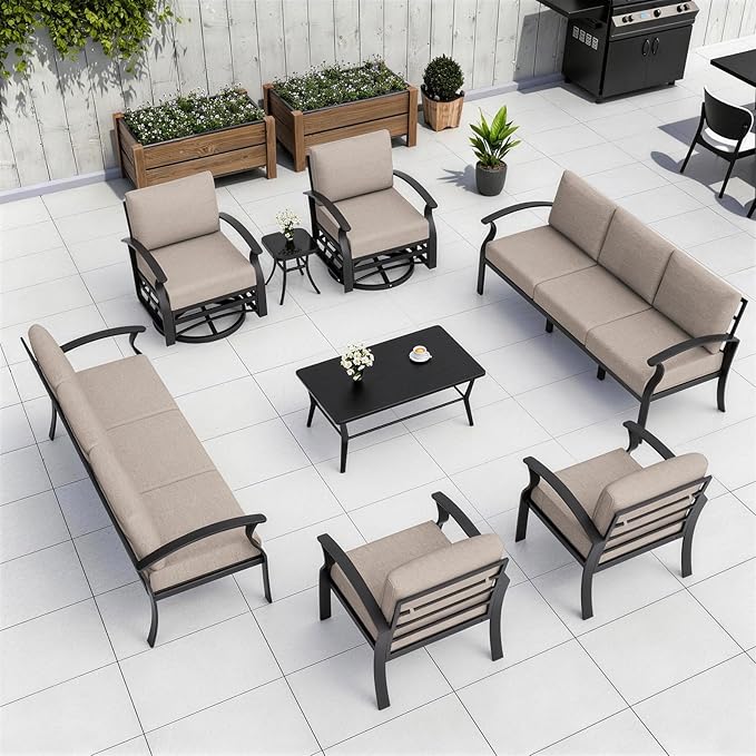 Kurapika Aluminum Patio Furniture Set 10-Seat Modern Metal Outdoor Conversation Sets w/5.1 Inch Cushion Patio Sectional Sofa with Rectangular Coffee Table, Sand