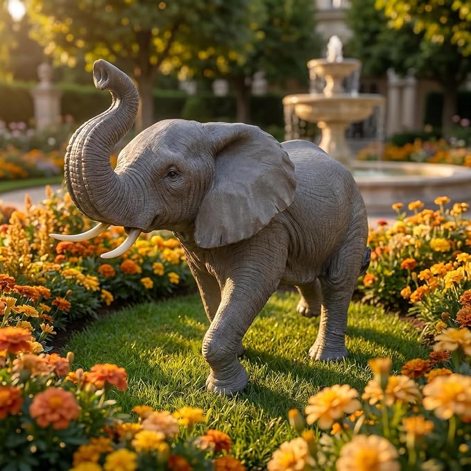 Large Resin Elephant Statue, 28 Inch Trunk Up | Garden Decor, Outdoor Lawn Patio Porch Yard, Lucky Feng Shui, Wildlife Animal Figurine