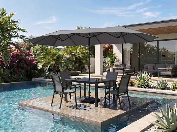 PURPLE LEAF 14ft Patio Market Umbrella with Base Double-Sided Rectangle Outdoor Table Sun Umbrellas with Crank 12 Heavy Duty Sturdy Ribs for Pool Beach Deck Backyard Gray