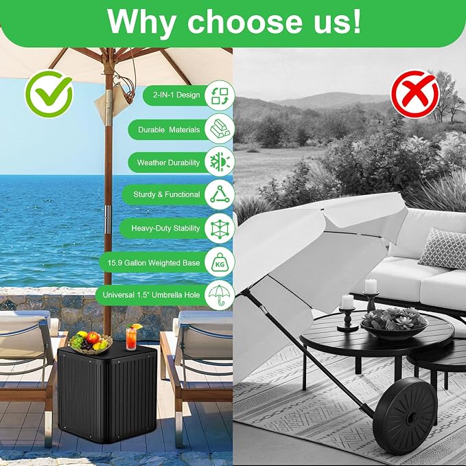 Outdoor Umbrella Side Table, 2 in 1 Outdoor Side Table with 1.5-1.6" Umbrella Hole, 16 Gallon Fillable Umbrella Base Stand Table, Square Modern Patio Side Table for Yard Porch Poolside Deck Balcony