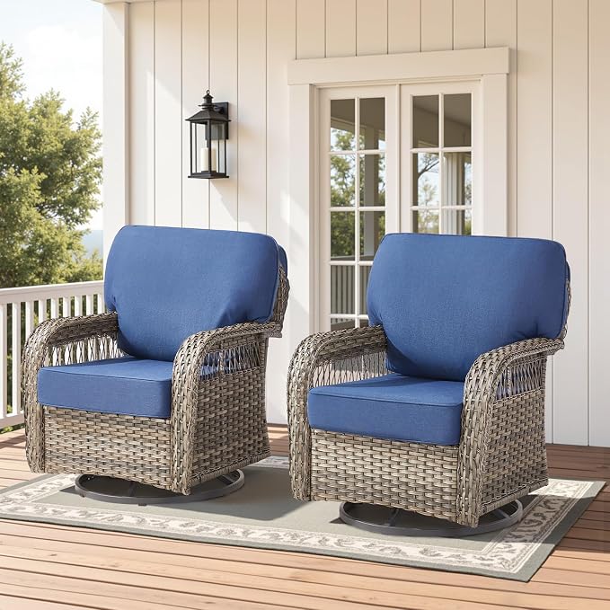 Wicker Swivel Rocker Patio Chairs, Patio Wicker Chairs Swivel Rocker Set of 2 All Weather Glider Rocking Chair Outdoor Conversation Furniture Set for Deck Porch Sunroom Backyard, Blue