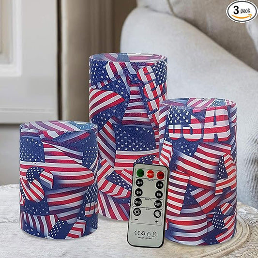 NJAO HOO Patriotic American Flag Flameless LED Battery Operated Pillar Candles with Remote Control and Timer, 4th of July Candles for Home Decor Set of 3